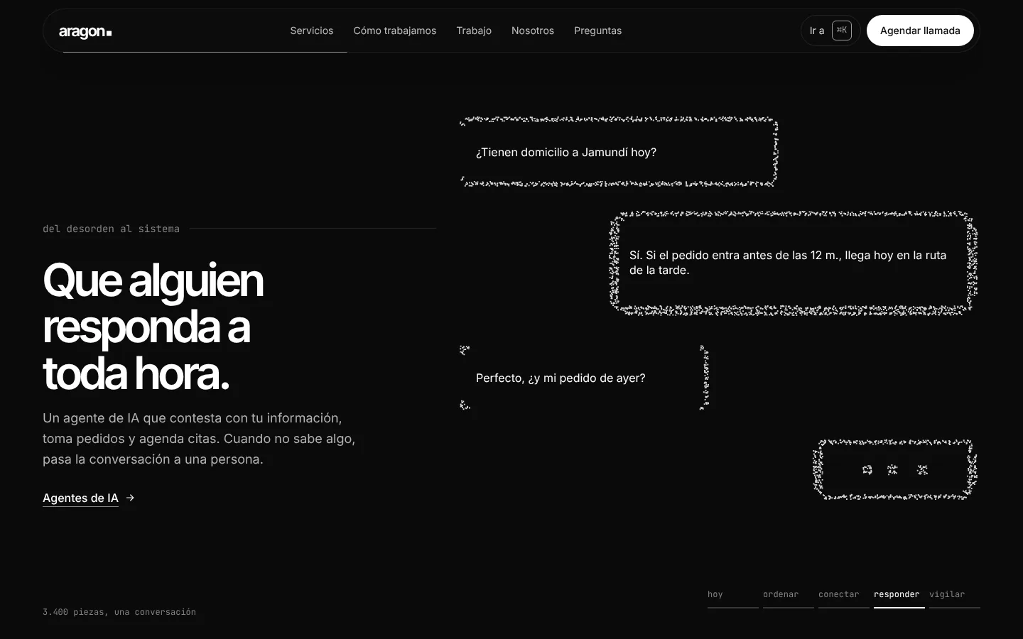 Recorrido «del desorden al sistema» donde las partículas forman una conversación de un agente de IA