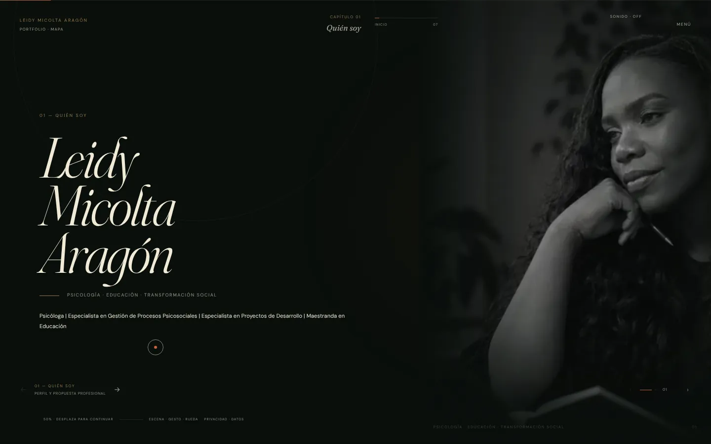 Capítulo «Quién soy» con retrato en blanco y negro